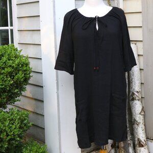 Merona Black Cotton Crinkle Gauze Drawstring Neck w Beads Coverup Dress Sz SMALL